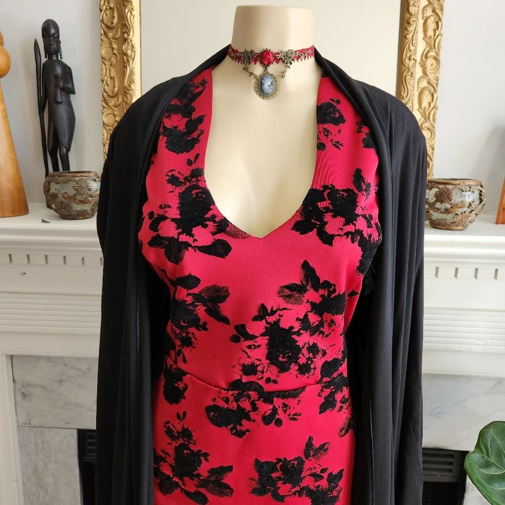Fifth & Park Red Sheath Dress Black Velvet Floral Vampire Old Hollywood Size 14